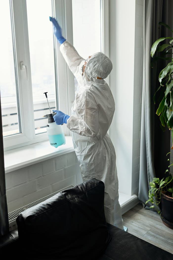 The Art of Drawing Readers In: Your attractive post title goes here Person in full PPE cleaning an indoor glass window, ensures hygiene.