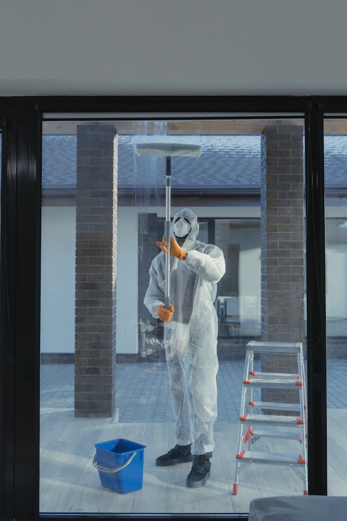 why-choose-me A man in full protective gear cleaning a glass window during the daytime.