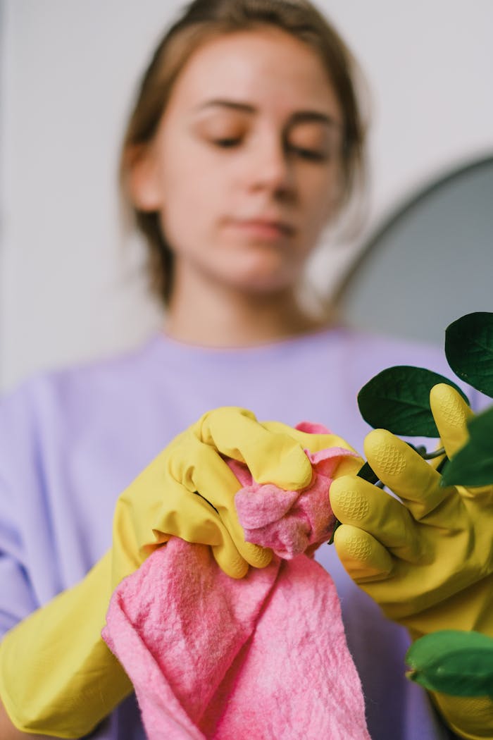 service-03 Focused woman in gloves cleaning with a pink towel indoors, emphasizing cleanliness and care.